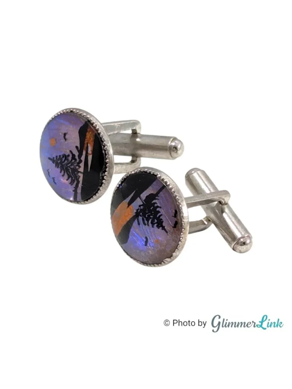 Vintage Butterfly Wing Landscape Cufflinks Hand Painted Scenic Silver Tone